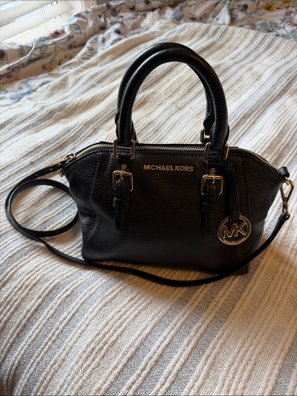 Michael Kors Black Pebbled Leather Satchel with MK Charm and Crossbody Strap